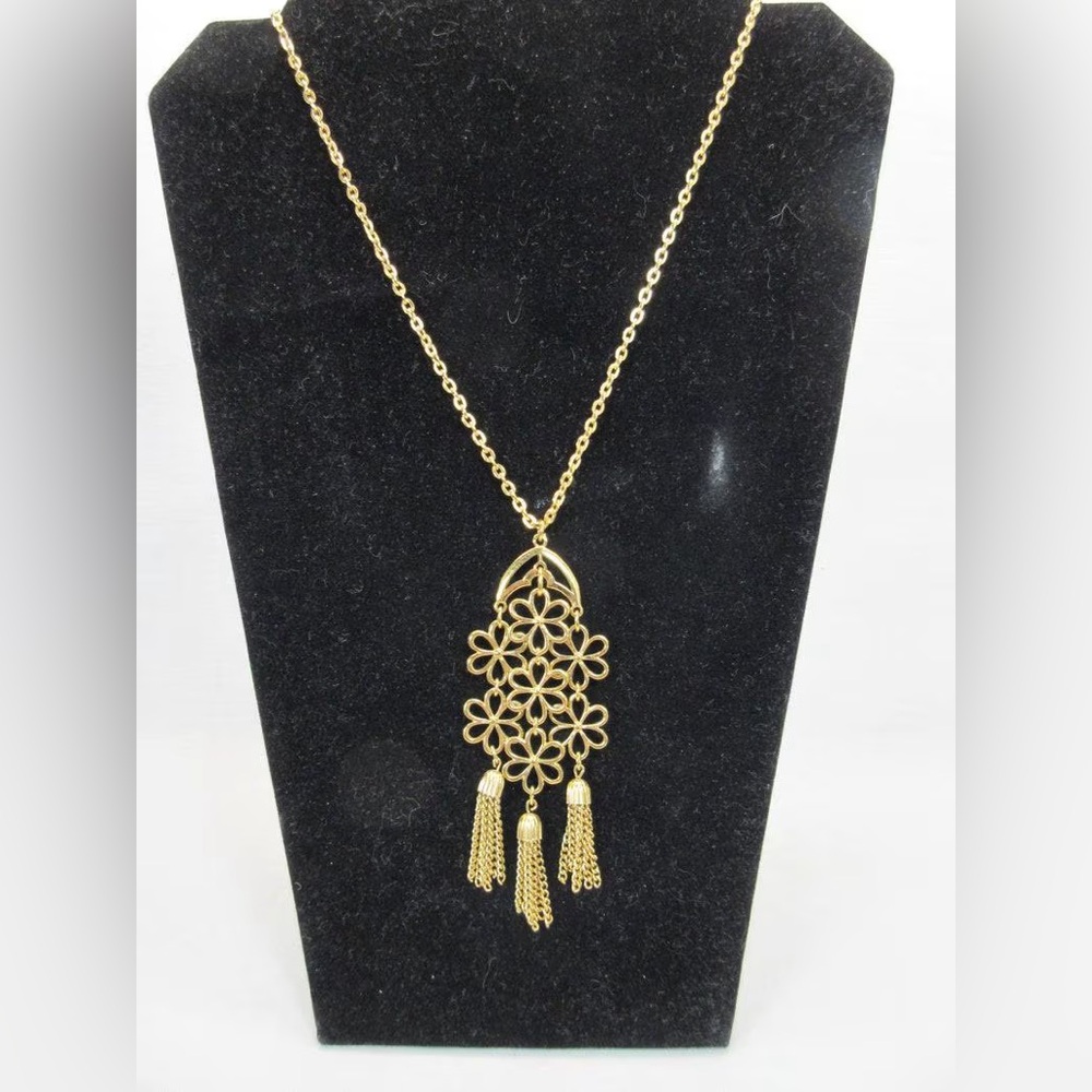 Large Gold Crown Trifari Flower Pendant with Fringe